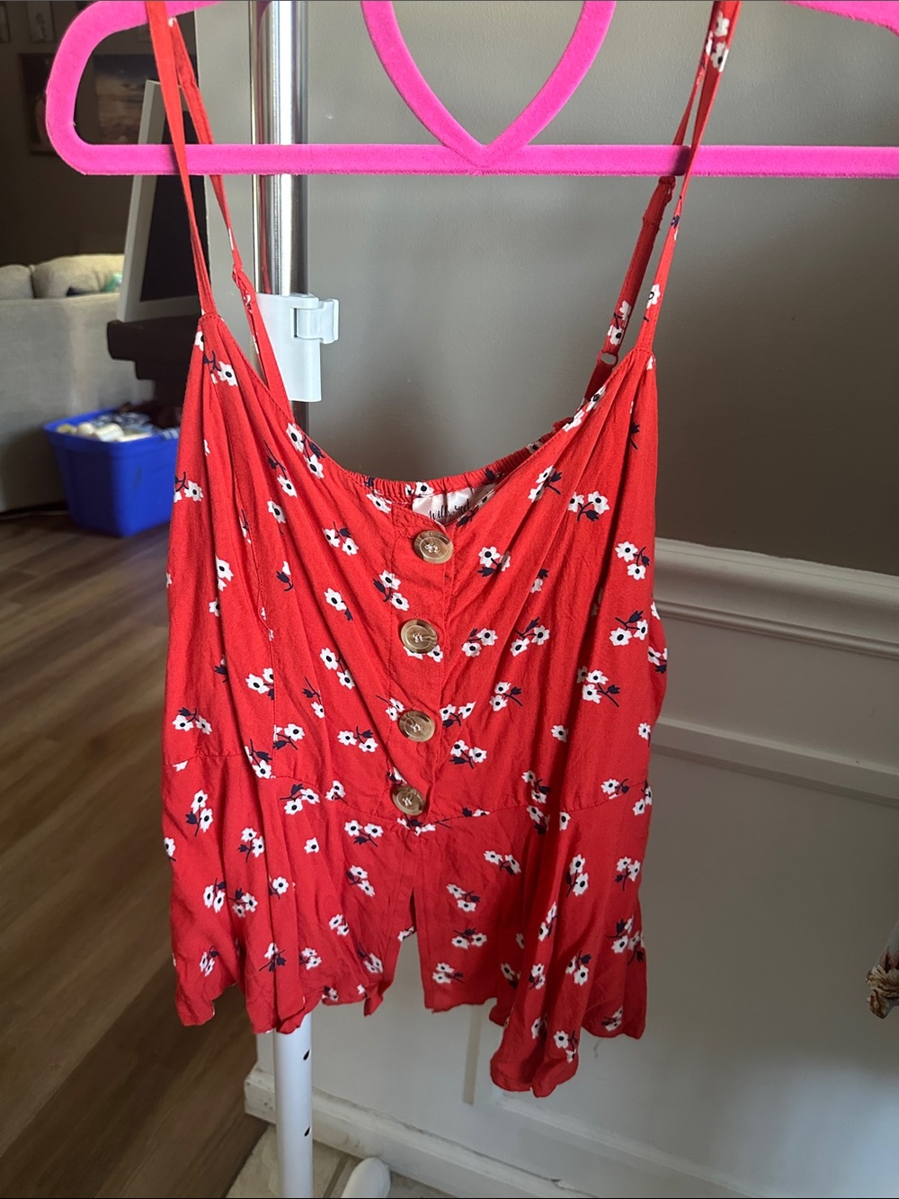 Women's Red Floral Button-Front Cami with Adjustable Straps